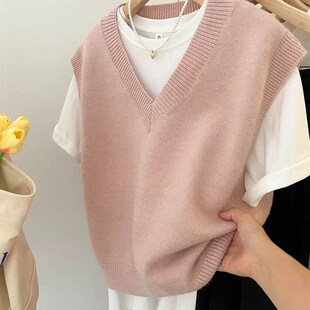 韩版宽松短款粉色V领羊绒马甲女针织春秋冬外穿无袖毛衣背心坎肩