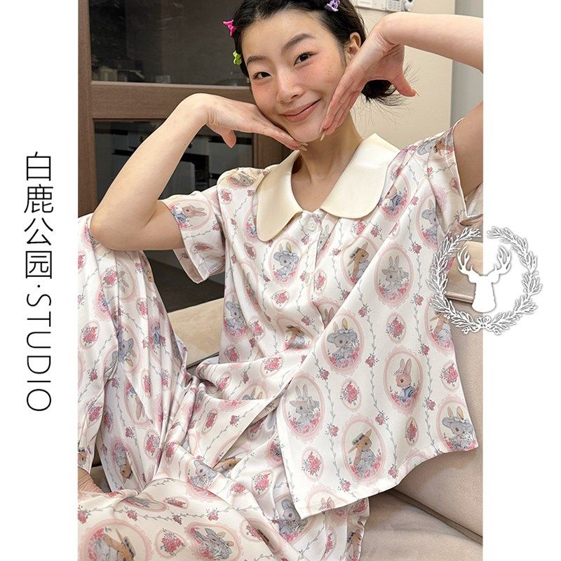 法式兔小姐印花冰丝睡衣女款2024新款夏季短袖长裤凉感家居服套装,女士内衣/男士内衣/家居服,睡衣/家居服套装,淘宝优惠券,粉丝福利购,淘宝优惠卷