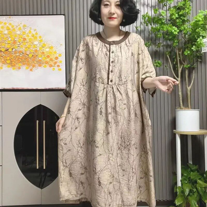 2024夏季新款宽松大码女装连衣裙中年妈妈装复古印花苎麻半袖裙子