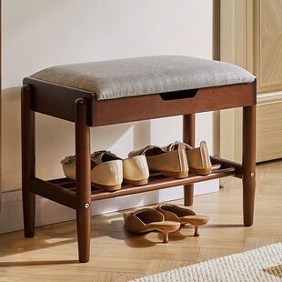 实木换鞋凳家用鞋柜一体门口穿鞋凳黑胡桃木进P门坐凳带鞋架收纳