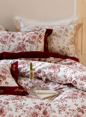 乐优公主120支长绒棉结婚四件套纯棉大K红色喜被婚嫁婚庆床上用品