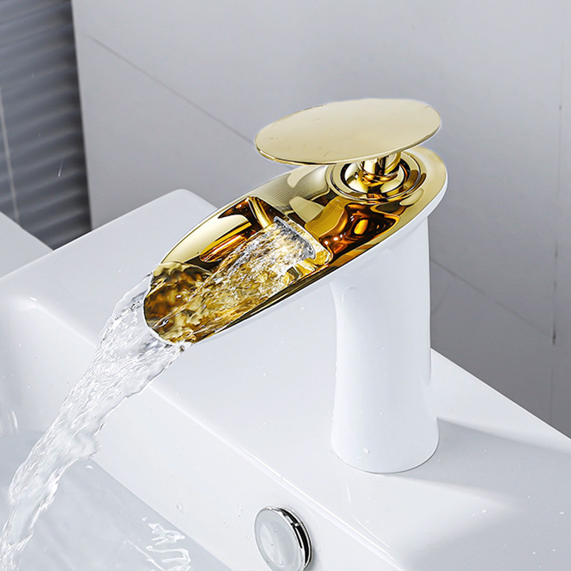 卫生间洗脸盆全铜瀑布水龙头浴室柜面盆金色白色冷热洗手盆台上盆