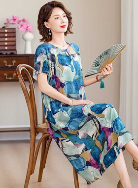 2024新款夏季纯棉绸连衣裙女中长款过膝洋气妈妈睡裙高端大码睡衣