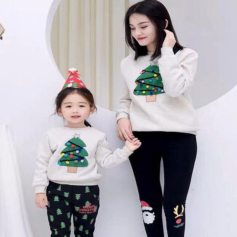 圣诞亲子装衣服灰色圣诞树洋气母女装母子家庭装儿童宝宝加绒卫衣