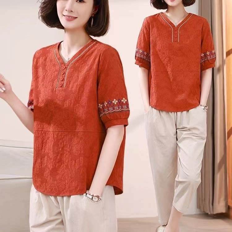 复古民族风中老年妈妈装棉麻宽松中袖V领上衣阔腿裤两件套女夏季,女装/女士精品,时尚套装,淘宝优惠券,粉丝福利购,淘宝优惠卷
