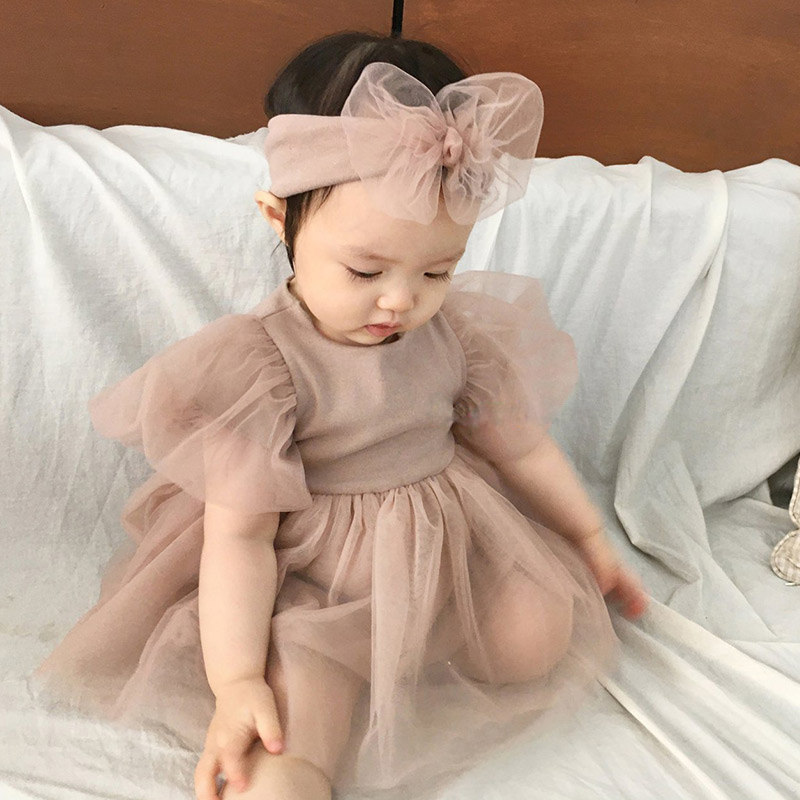 夏季女宝宝爬服洋气泡泡袖网纱包屁裙哈衣婴儿连衣裙百天周岁礼服