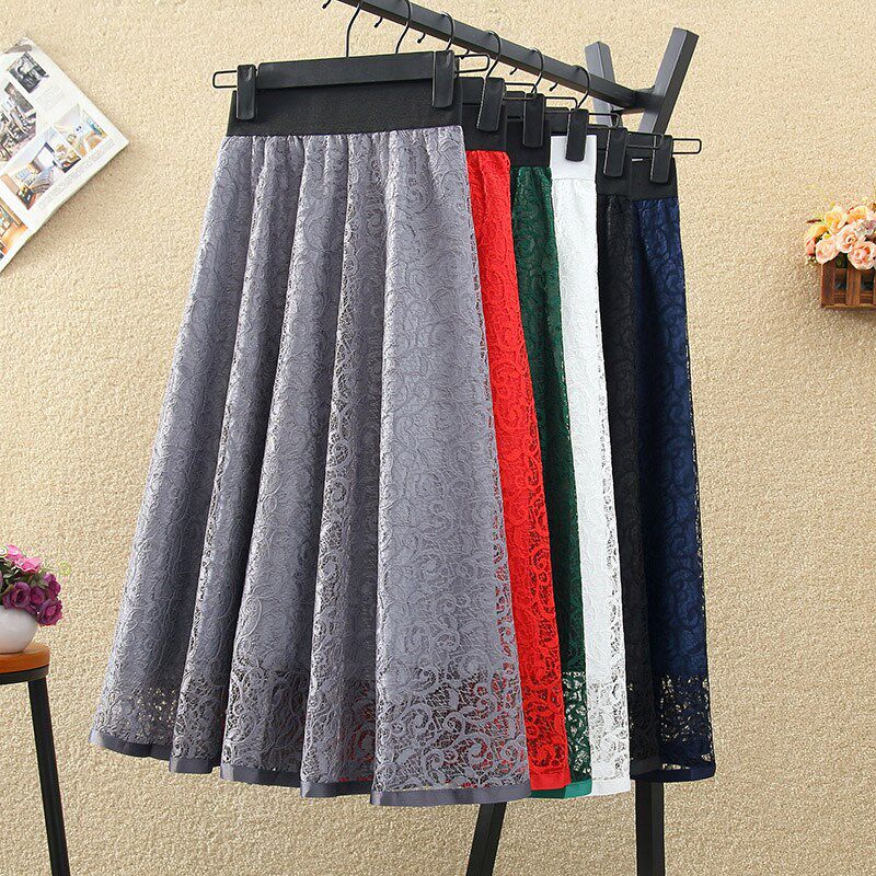 蕾丝中长款半身裙女春夏韩版高腰百搭显瘦勾花镂空A字大摆蓬蓬裙