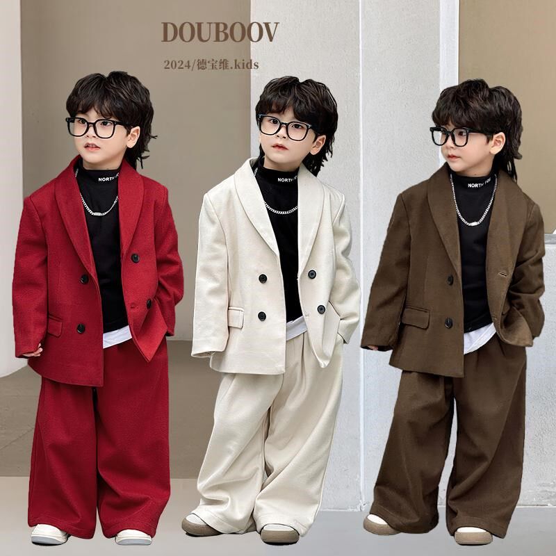 儿童秋冬毛呢西服2024新款男童英伦风西装生日礼服宝宝花童演出服