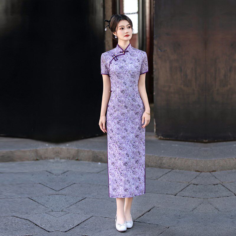 紫色旗袍长款气质年轻妈妈夏装中年遮肚子显瘦礼服胖mm大码高级感