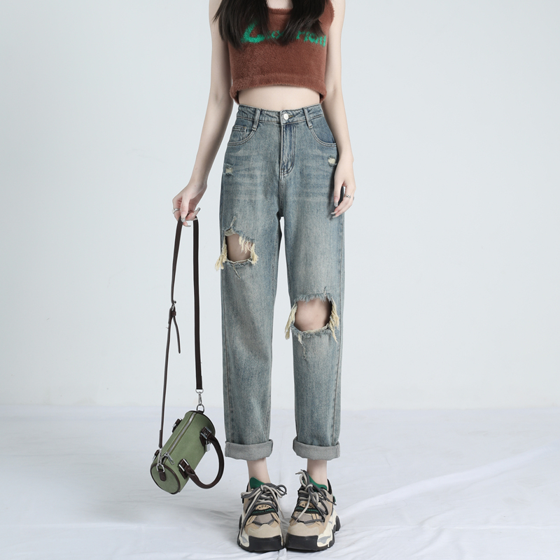 破洞哈伦牛仔裤女2023年夏季新款梨形身材高腰宽松显瘦老爹萝卜裤
