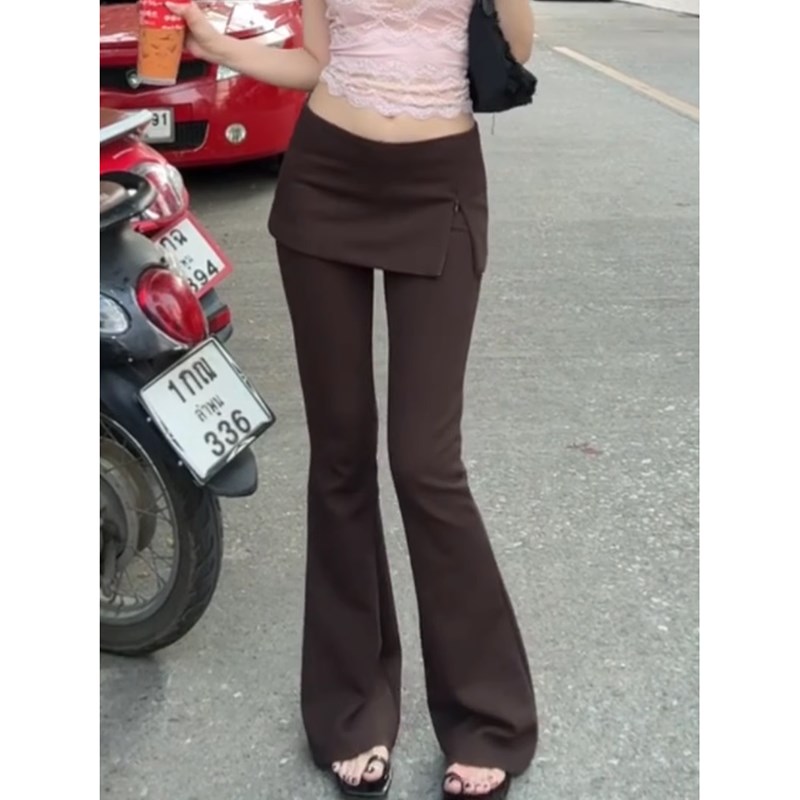 大码胖mm美式假两件开衩微喇裤裙女2025春季设计感修身显瘦长裤子