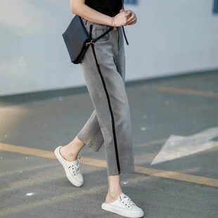 侧边竖条纹弹力八分裤 时尚 潮 女宽松显瘦洋气七分裤 灰色牛仔哈伦裤