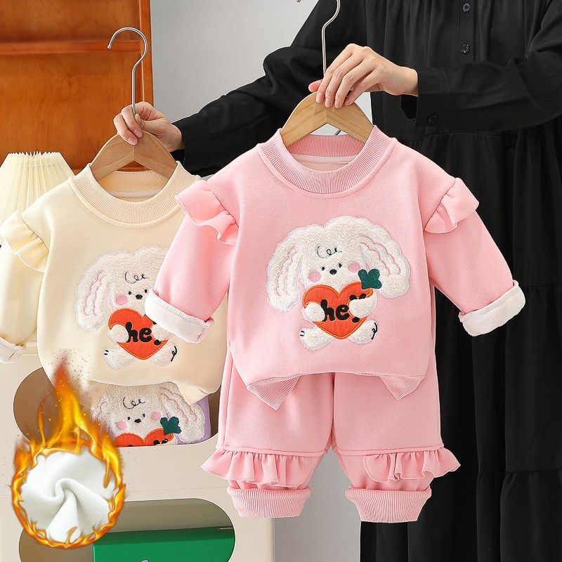 女童洋气秋冬季卫衣长袖套装2025新款儿童时髦韩版加绒分体两件套