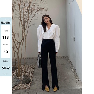 女秋冬新款 辰米范 黑色加绒开叉西装 裤 休闲高腰宽松显瘦直筒裤