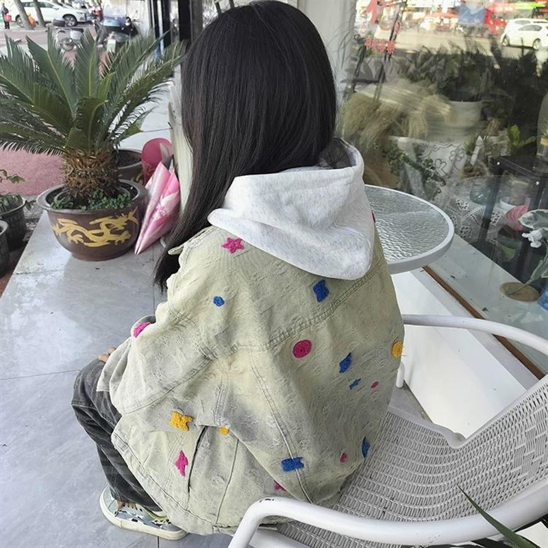 大码美式复古高街做旧牛仔外套女春秋百搭设计感宽松长袖夹克上衣
