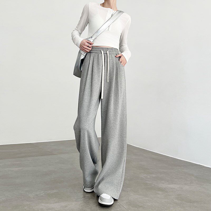 灰色阔腿裤女春秋2025新款高腰垂坠感宽松慵懒风运动休闲直筒卫裤