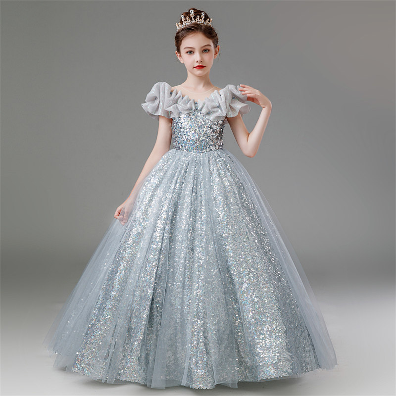 儿童礼服主持人亮片闪亮生日女童公主裙模特走秀钢琴演出服高级感