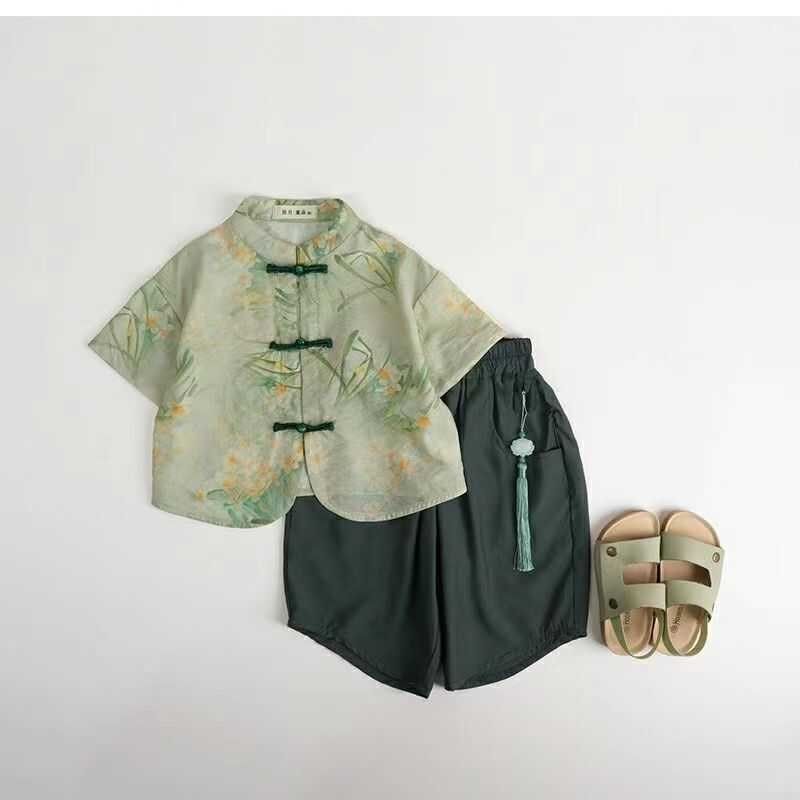 儿童夏古风短袖上衣唐装开衫衬衫裤子套装新中式中国风汉服两件套