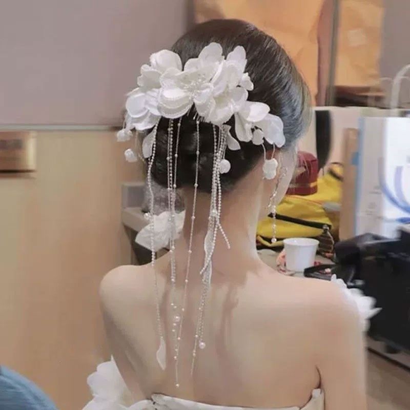 韩式森系新娘缎面花朵发饰简约气质珍珠流苏手工头饰百搭写真婚饰