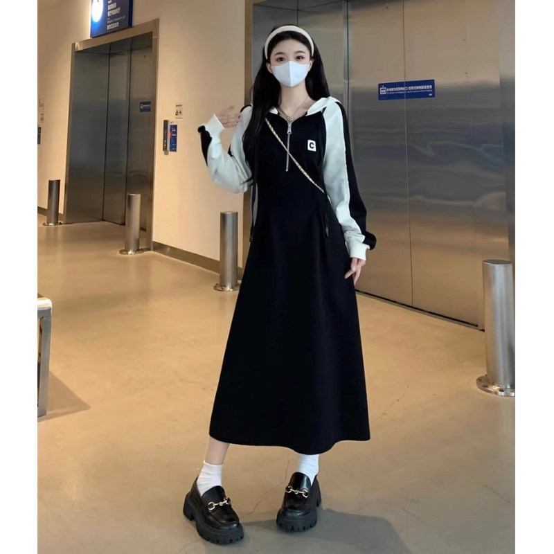 春秋大码胖mm美式拼色长袖连帽卫衣半开襟连衣裙中长款裙子300斤