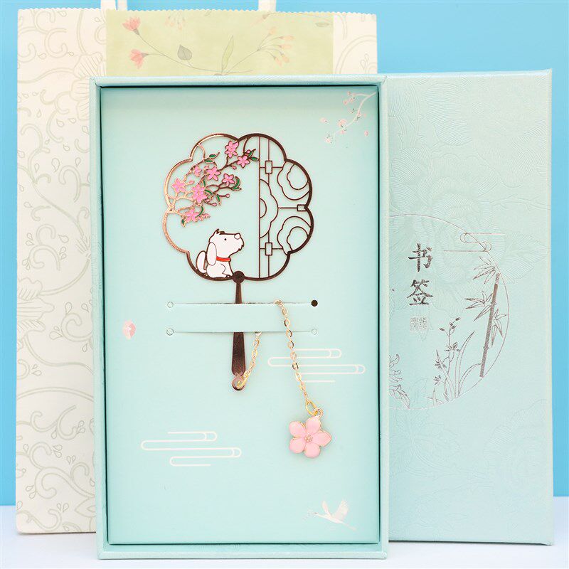 可爱犬书签 古典中国风学生用金属E镂空团扇流苏创意可爱节日礼品