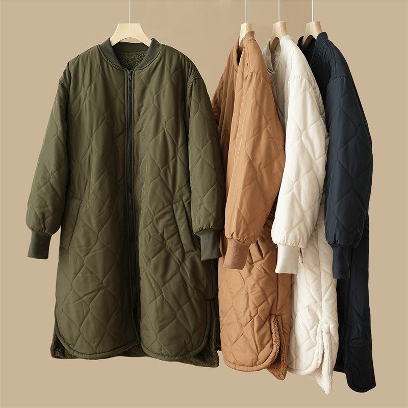 83637 女士棒球领绗缝棉服 中长版加绒保暖棉衣 防风大外套 女装