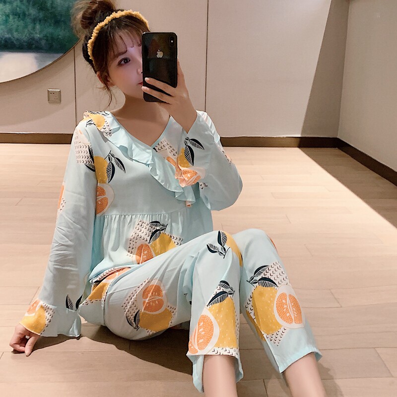 人造棉睡衣女春秋夏长袖大码绵绸家居服棉绸套装蕾丝套头甜美韩版