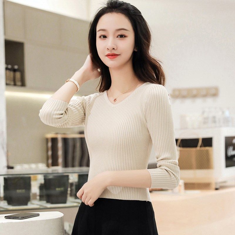 v领薄款针织衫女春季 小个子气质短款上衣高腰修身内搭毛衣打底衫
