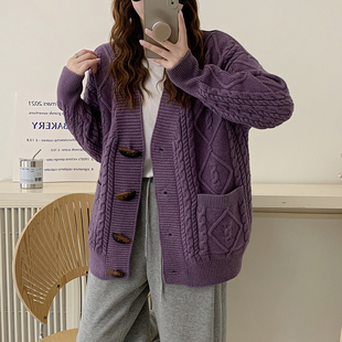 麻花毛衣外套女开衫秋冬2025新款加厚韩版宽松V领慵懒风针织上衣