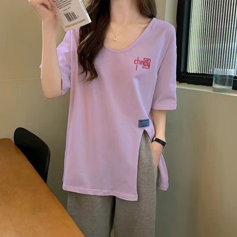 含棉短袖T恤女2022夏季新款国潮宽松中长款大码开叉u领百搭上衣潮