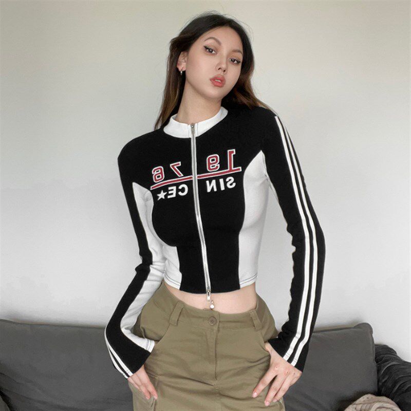 辣妹机车御姐范短款外套女春秋季撞色印花设计感修身长袖开衫上衣