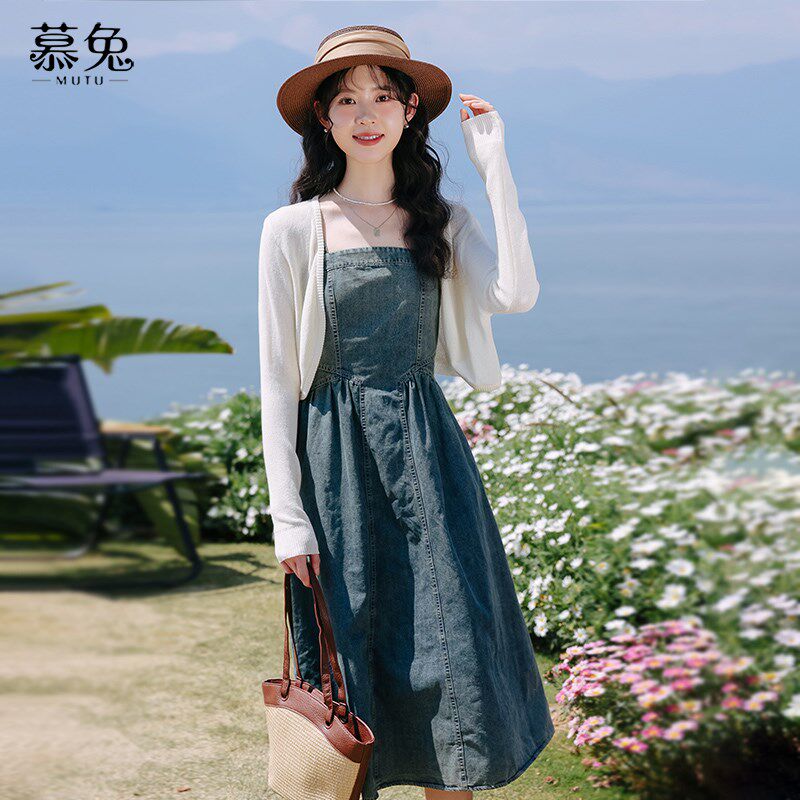 尔已薄款针织开衫吊带裙两件套女2024夏季新款法式复古牛仔连衣裙