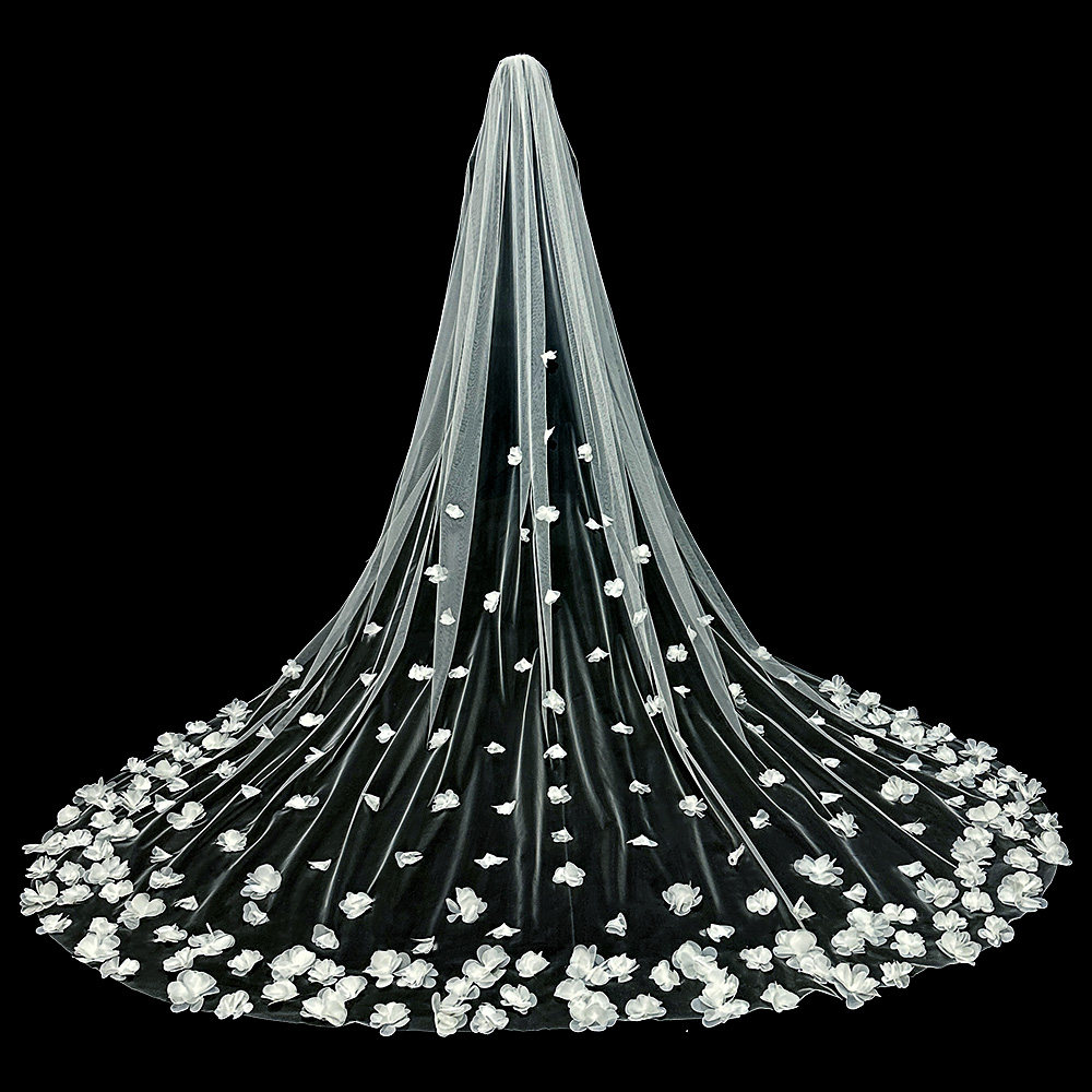 新娘结婚主婚纱头纱超仙森系水晶纱立体花朵头纱长款拖尾拍照头纱