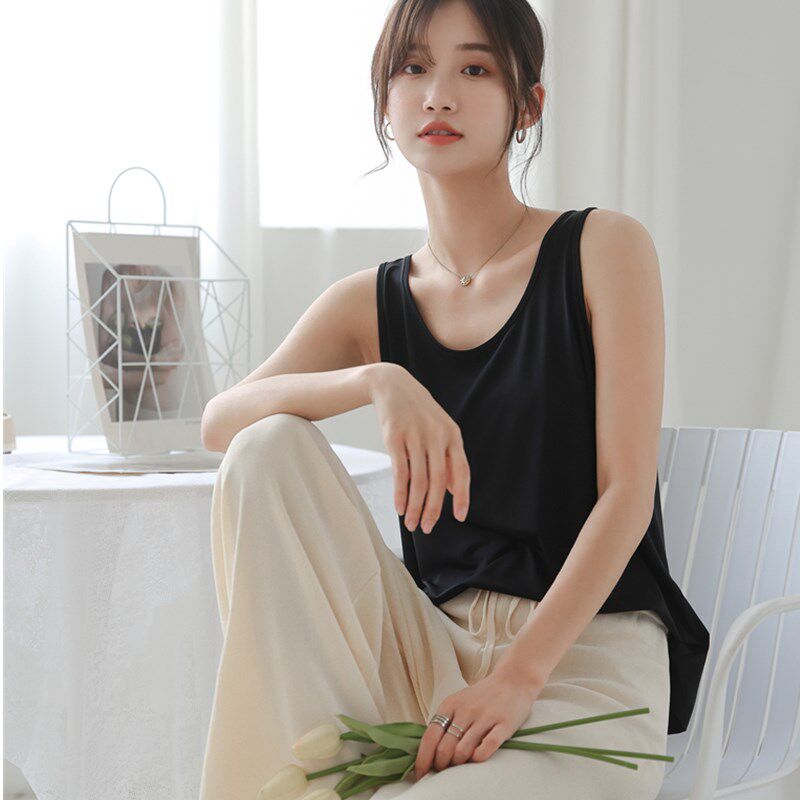 U领冰丝宽肩吊带背心女宽松夏季纯色黑白色西装内搭打底上衣外穿