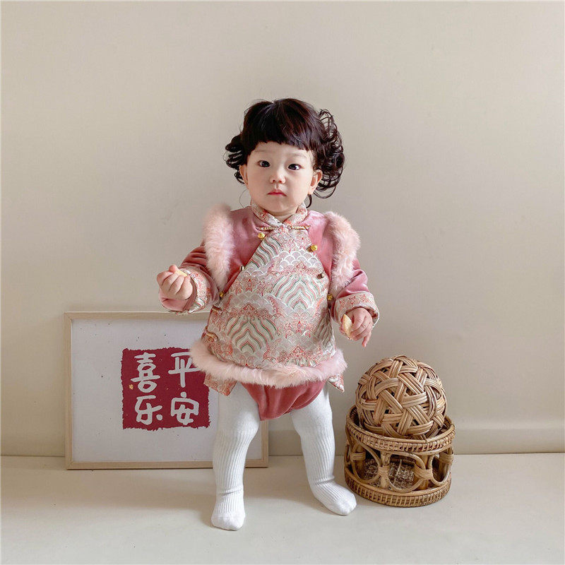 婴儿拜年服秋冬装中式风女宝宝唐装旗袍连体哈衣红色喜庆汉服马甲