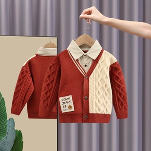 男童毛衣假两件针织衫儿童羊绒衫2024新款宝宝开衫婴幼儿上衣红色