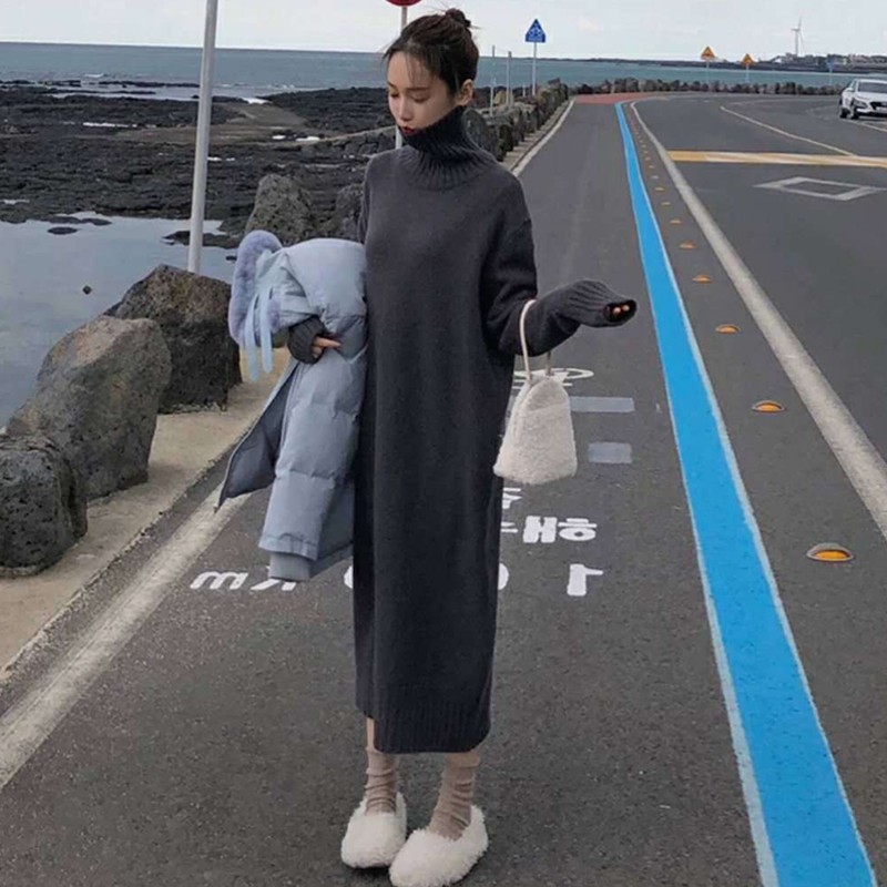 长款过膝毛衣连衣裙高领宽松韩版休闲内搭针织衫加绒加厚打底裙子
