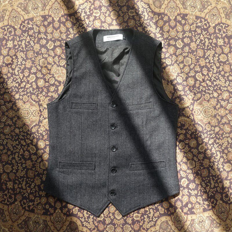 秋冬款浴血黑帮无领粗花呢人字纹修身款复古马甲内搭西装马甲男款