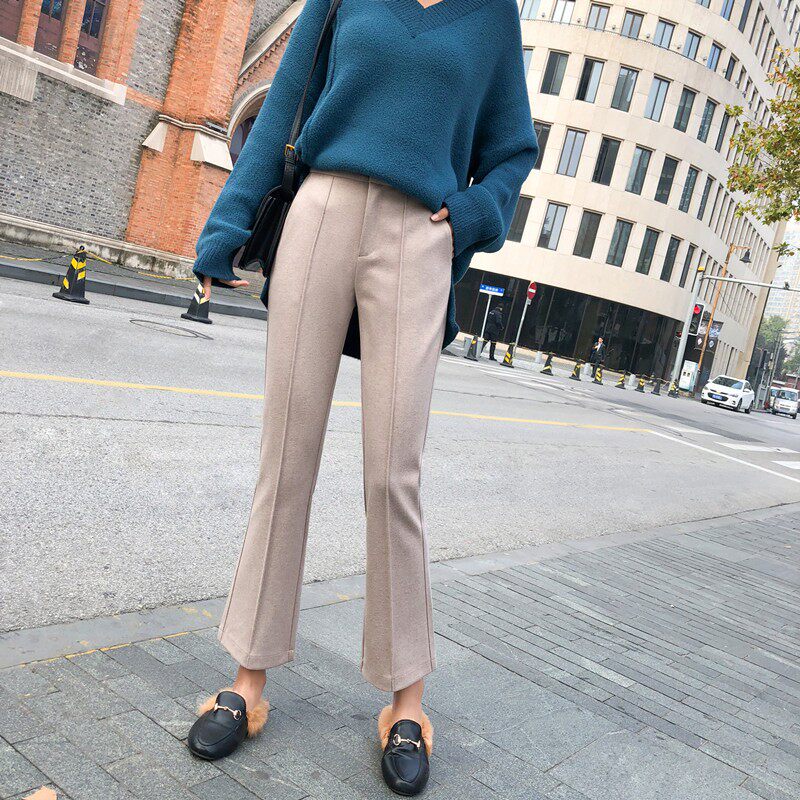 微喇叭裤女秋冬毛呢大码直筒显瘦休闲宽松百搭九分阔腿裤西装裤子