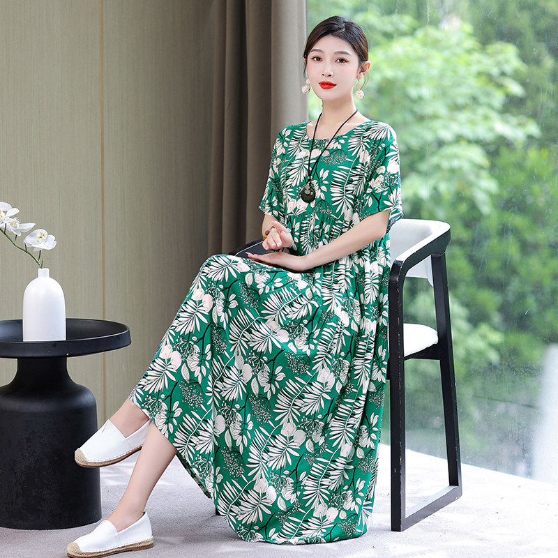 2023新款夏天高端棉绸连衣裙宽松遮肚气质妈妈大码人造棉碎花长裙