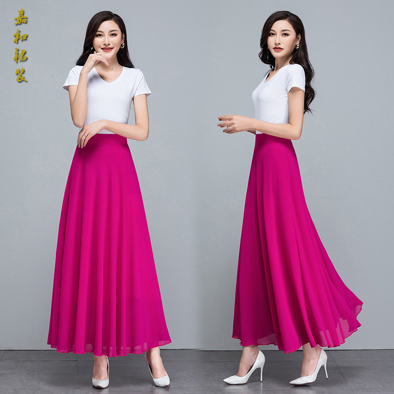 2021夏季纯色红色雪纺半身裙女中长裙高腰大码长裙a字大摆舞裙子