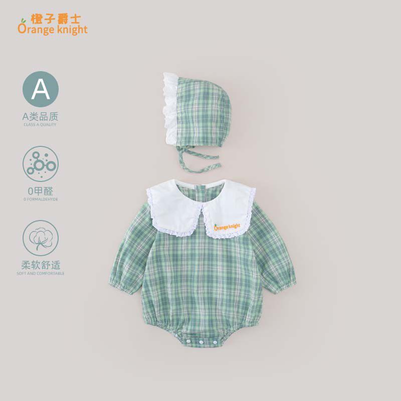 女宝宝韩版外出连体衣春秋季新款衣服甜美洋气格子翻领长袖包屁衣