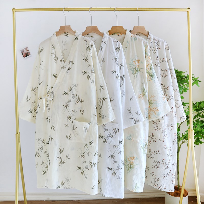 国风复古睡袍女士春夏季薄款纯棉双层纱布和服过膝浴袍汗蒸服竹子
