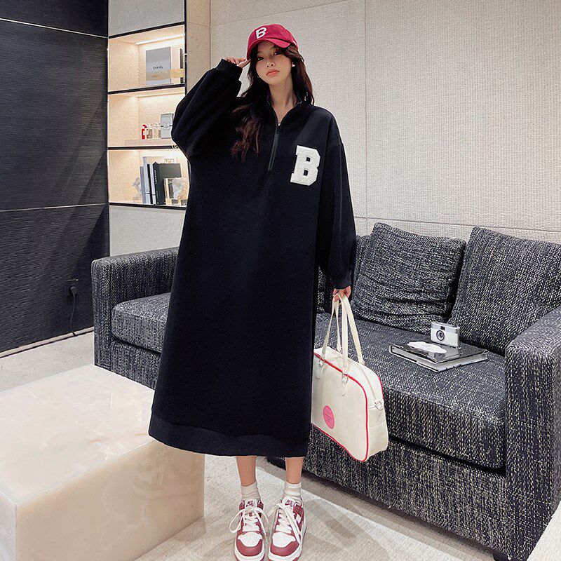 拉链卫衣中长款女2024春季新款大码宽松显瘦裙子过膝长袖连衣裙潮