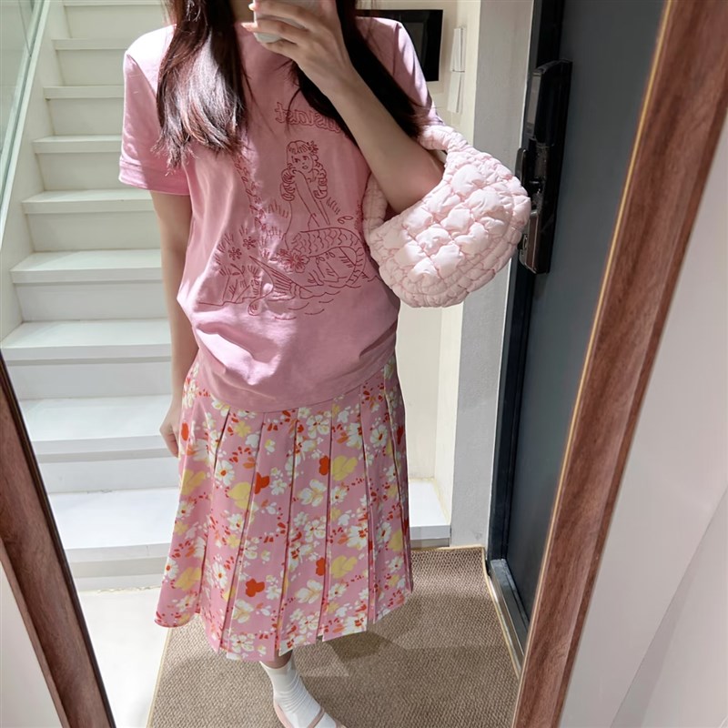 美式复古粉色碎花半身裙女夏高腰百搭遮胯A字裙显瘦百褶裙中长裙