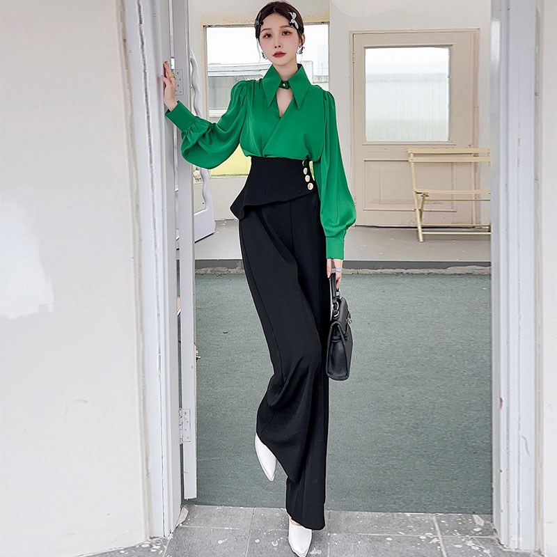 秋款套装女两件套时尚气质洋气减龄长袖上衣高腰阔腿裤垂坠感长裤