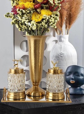 欧式轻奢客厅家居金色合金花瓶糖果罐托盘摆件电镀拉丝金属装饰品