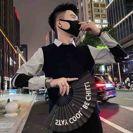 衬衫领毛衣男条纹长袖打底衫加厚线衣韩版修身秋冬U季假两件针织