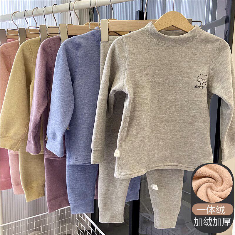 儿童加绒秋衣秋裤两件套男女x童保暖内衣套装纯色冬季宝宝加厚睡