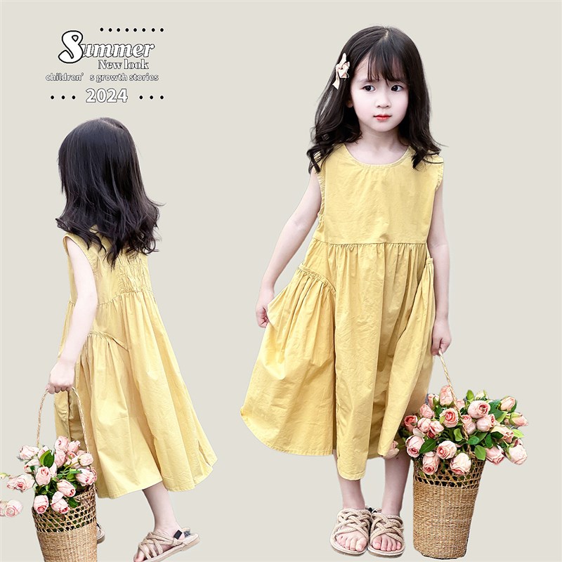 2024年新夏g3-8岁女童黄色背心裙连衣裙女孩无袖吊带裙子洋气时髦